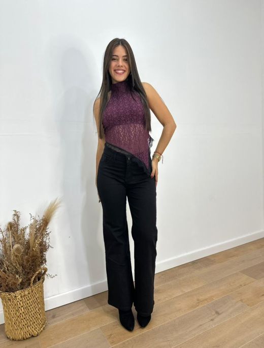 Wide leg elastizado negro